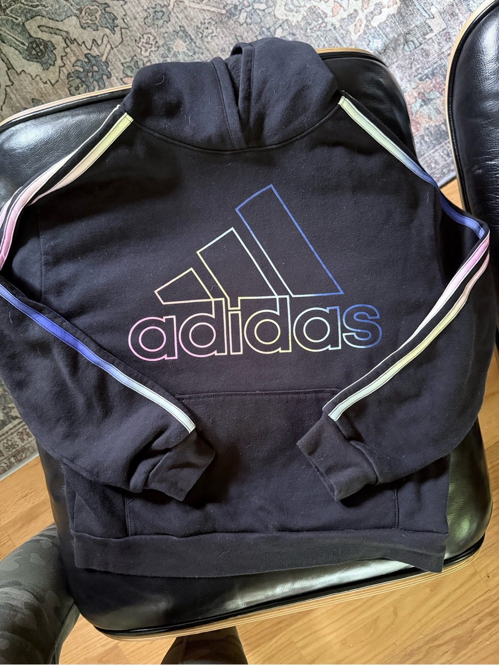 adidas Black Hoodie with Multicolor pastel rainbow ombre Stripe Accents